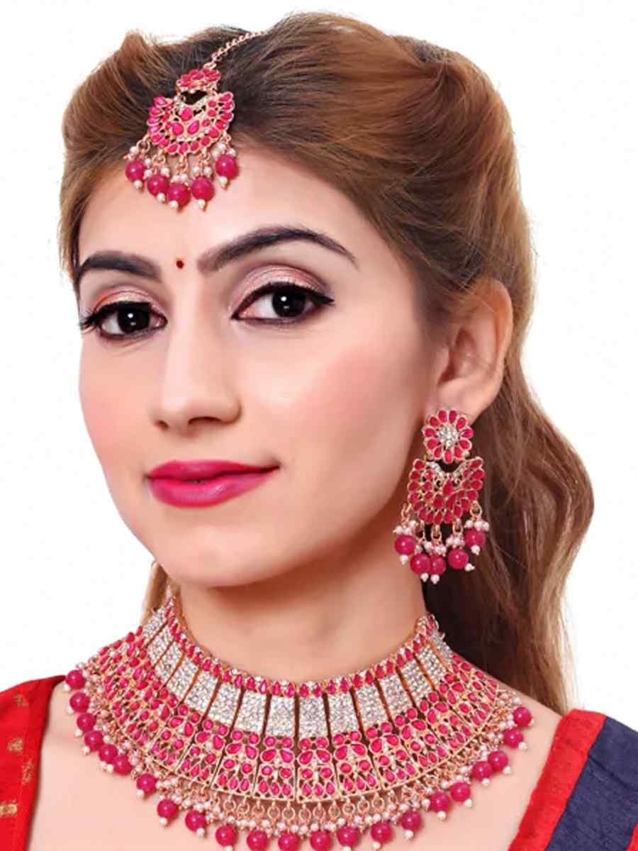 Dark Pink Alloy Wedding Wear Kundan Necklace