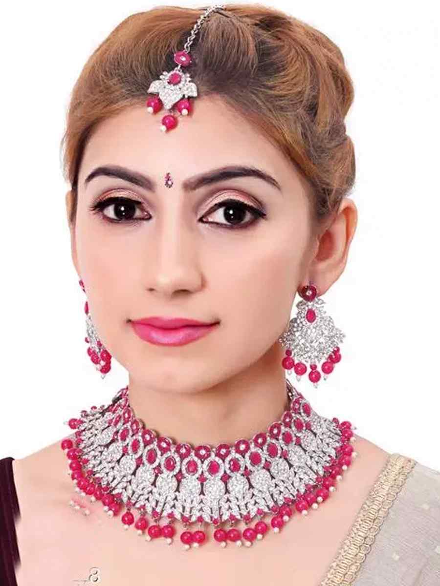 Dark Pink Alloy Wedding Wear Kundan Necklace
