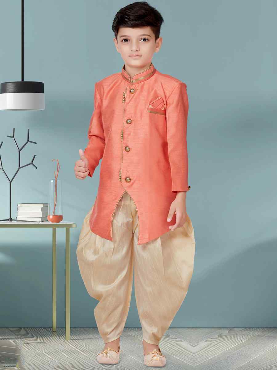 Dark Pink Banarasi Silk Floral Party Festival Kurta Dhoti Boys Wear