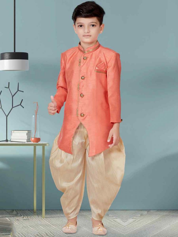 Dark Pink Banarasi Silk Floral Party Festival Kurta Dhoti Boys Wear