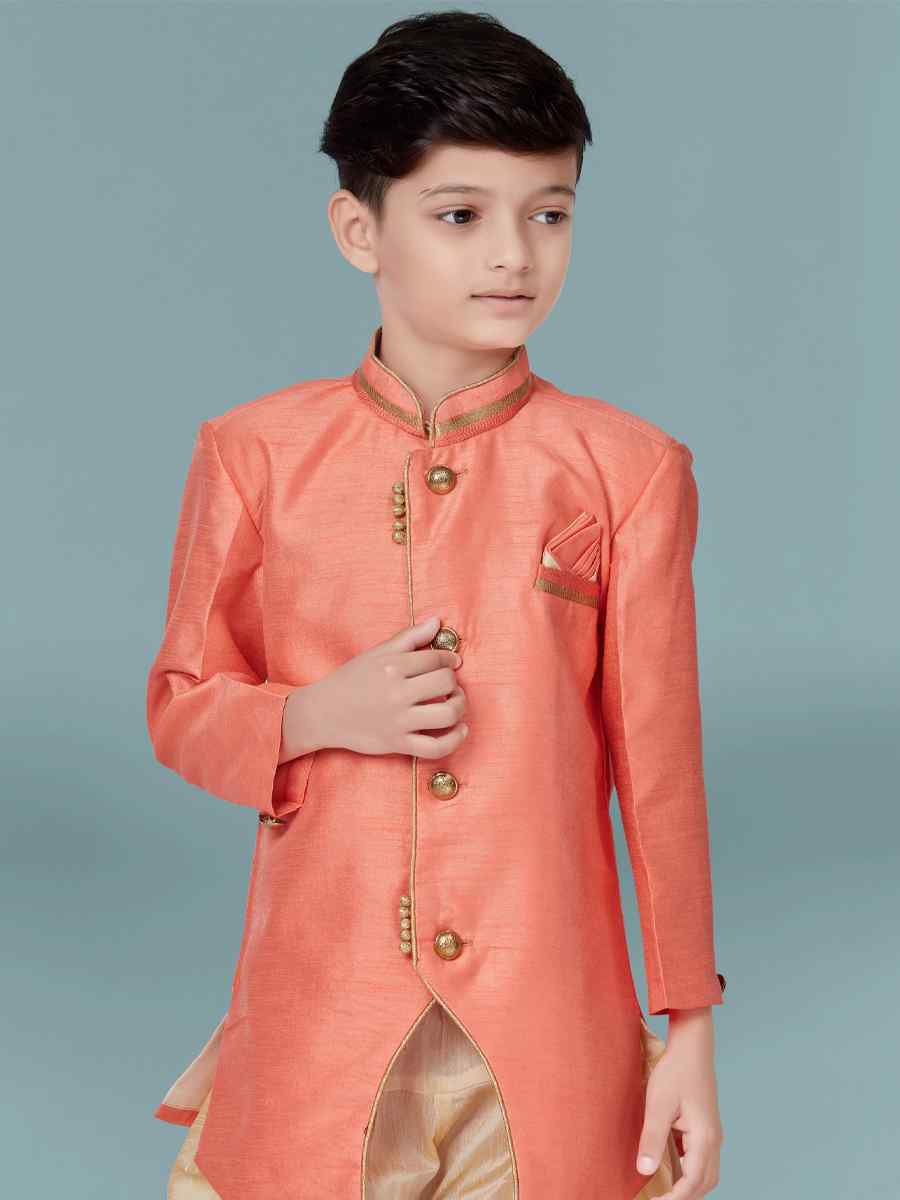 Dark Pink Banarasi Silk Floral Party Festival Kurta Dhoti Boys Wear