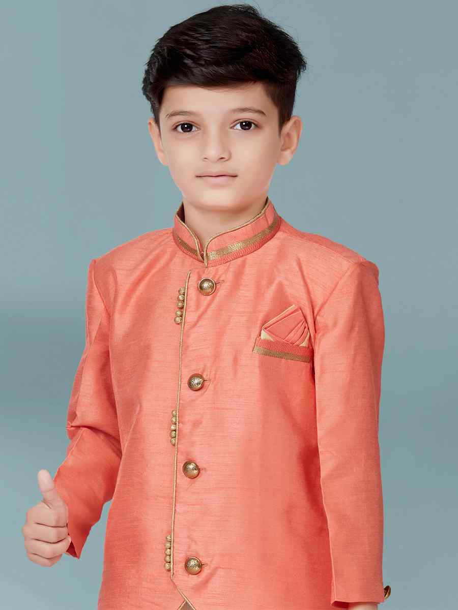 Dark Pink Banarasi Silk Floral Party Festival Kurta Dhoti Boys Wear