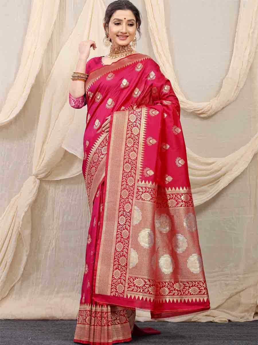 Dark Pink Banarasi Silk Handwoven Wedding Festival Heavy Border Saree