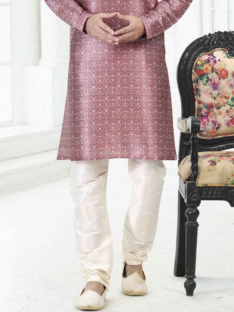 Dark Pink Banarasi Silk Printed Festival Wedding Kurta