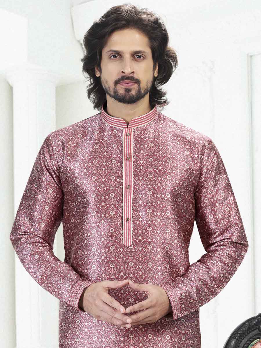 Dark Pink Banarasi Silk Printed Festival Wedding Kurta