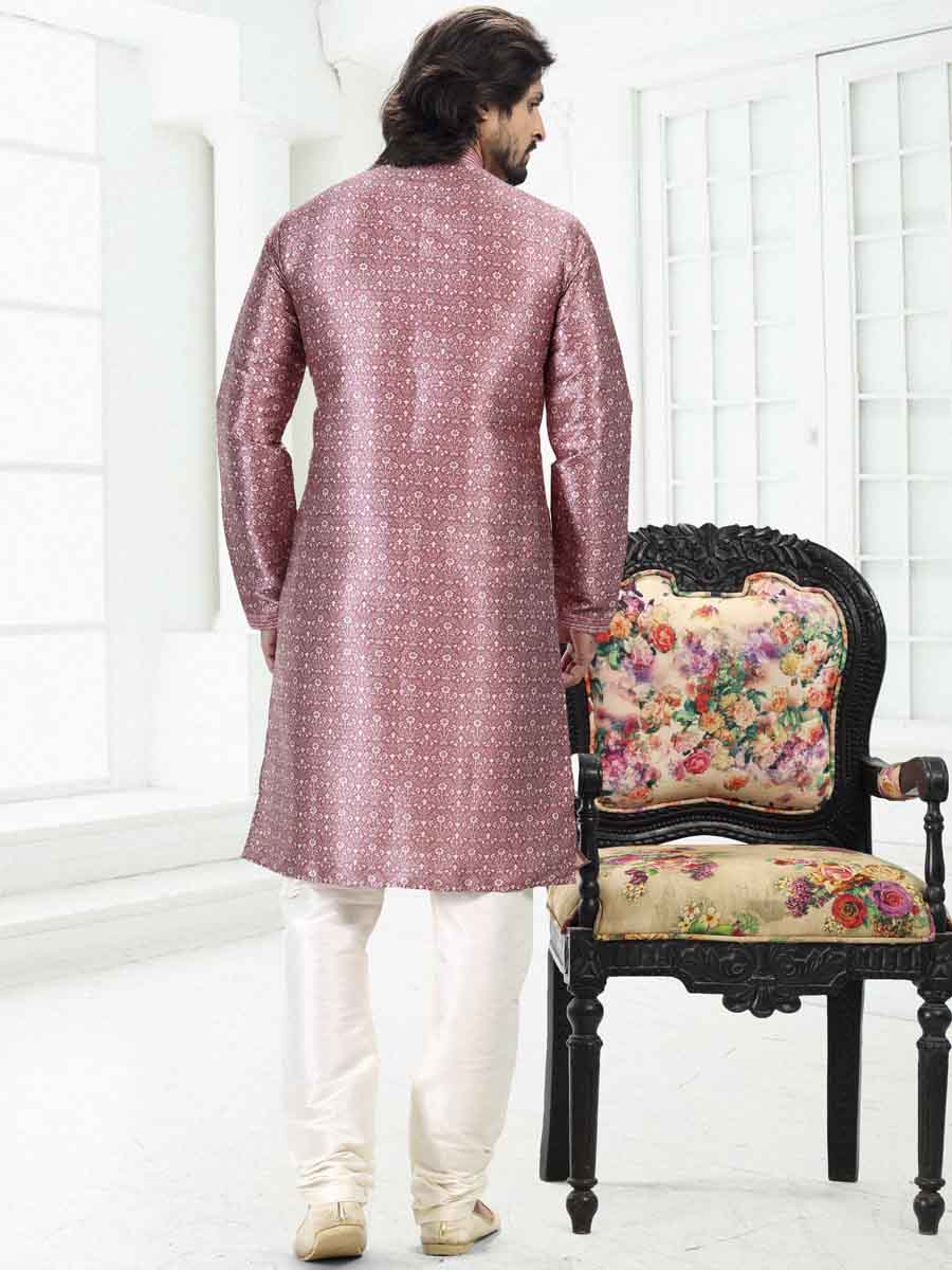 Dark Pink Banarasi Silk Printed Festival Wedding Kurta