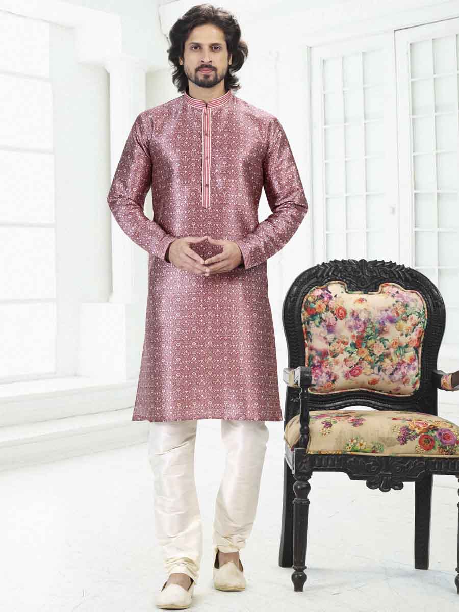 Dark Pink Banarasi Silk Printed Festival Wedding Kurta