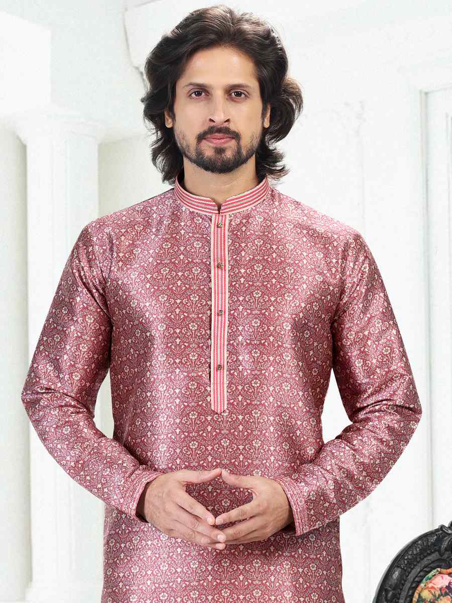 Dark Pink Banarasi Silk Woven Festival Party Kurta