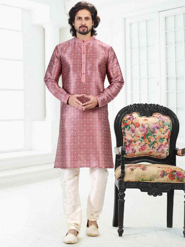 Dark Pink Banarasi Silk Woven Festival Party Kurta