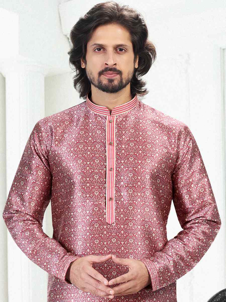 Dark Pink Banarasi Silk Woven Festival Party Kurta