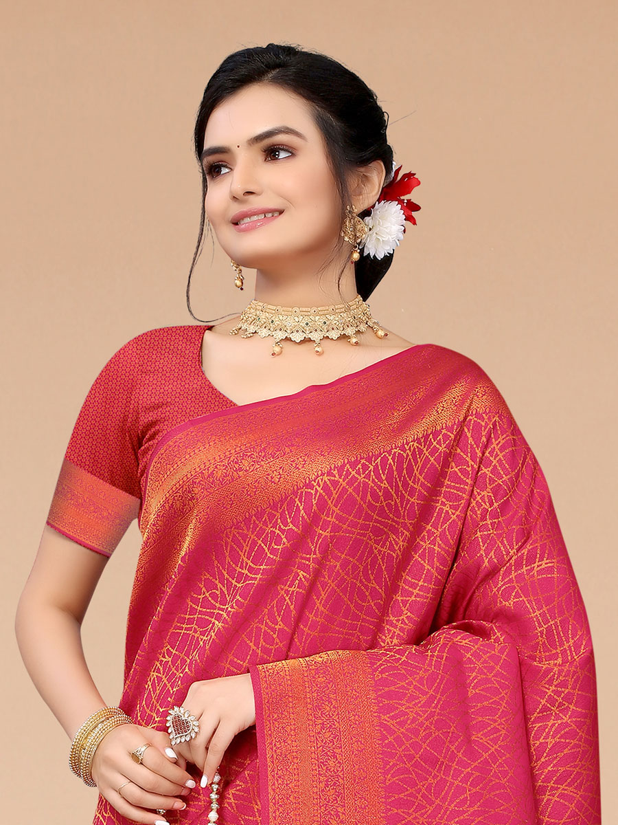 Dark Pink Blended Silk Handwoven Party Saree
