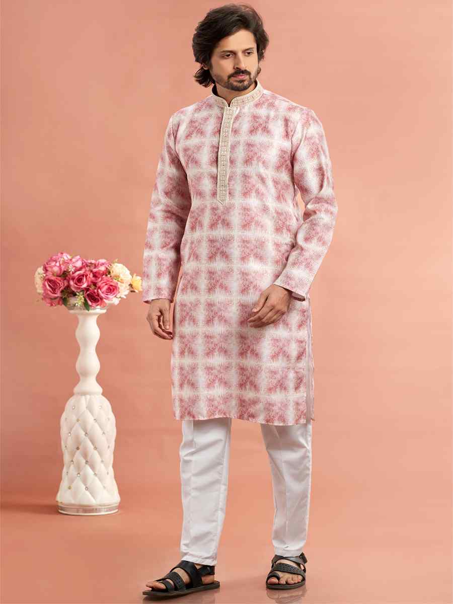Dark Pink Cotton Printed Festival Casual Kurta