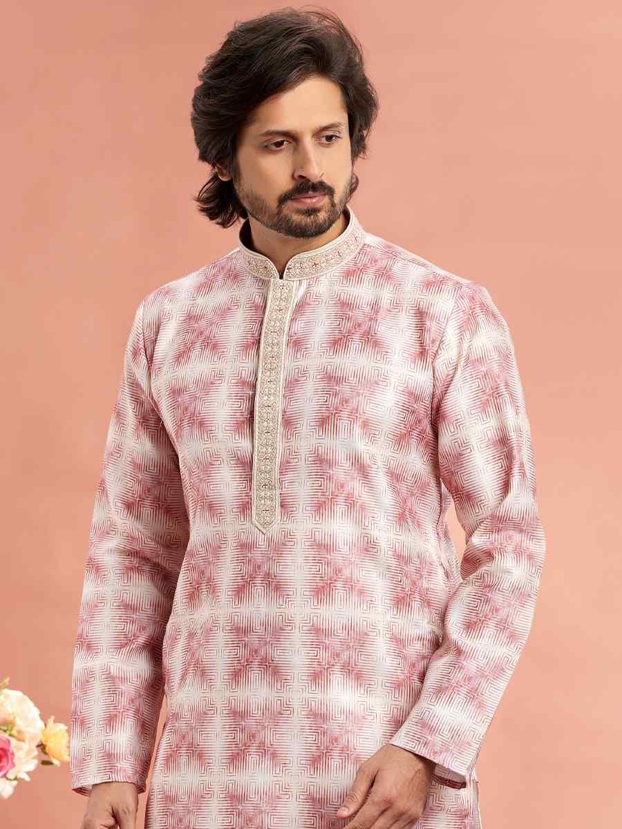 Dark Pink Cotton Printed Festival Casual Kurta