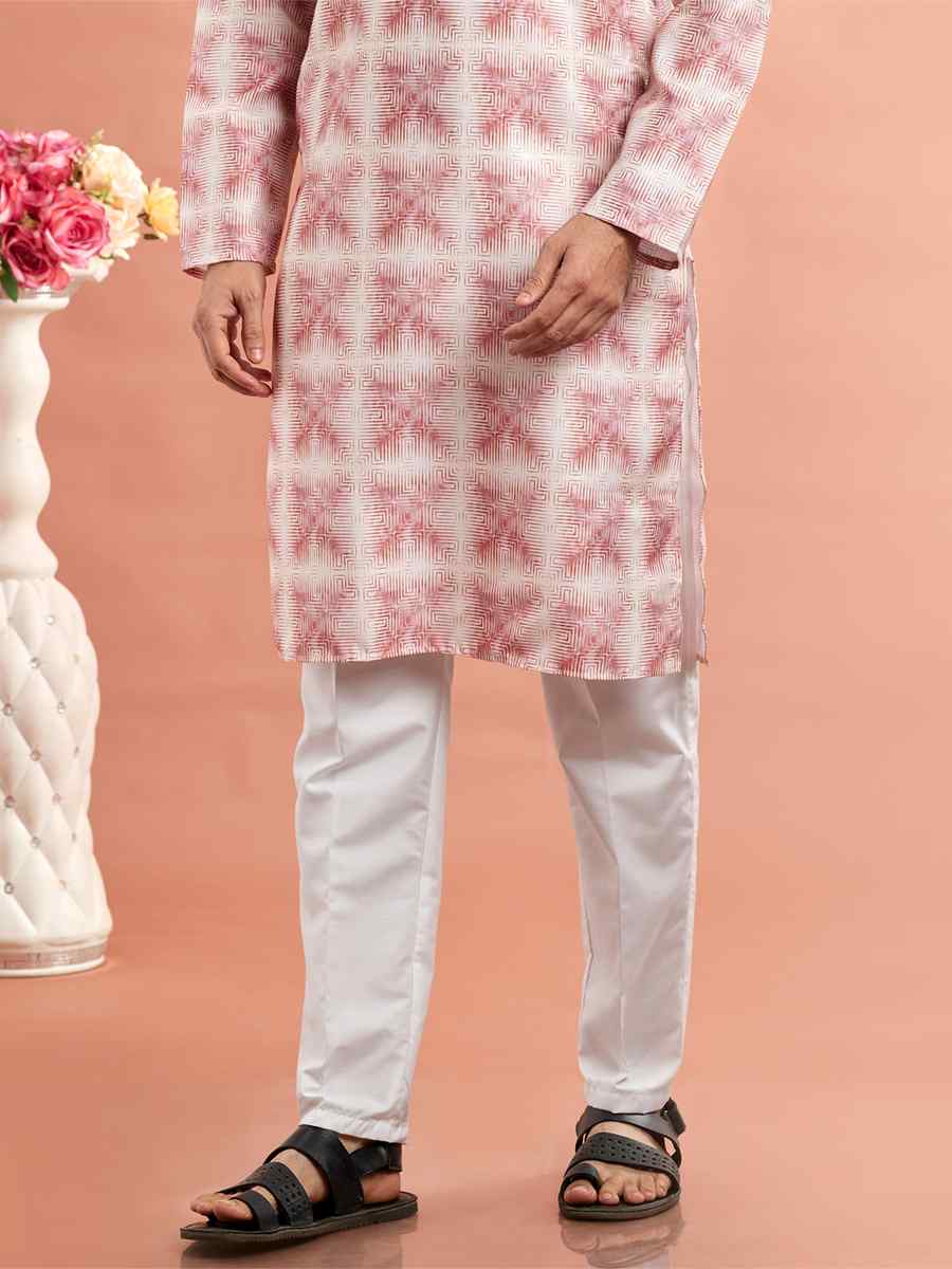 Dark Pink Cotton Printed Festival Casual Kurta