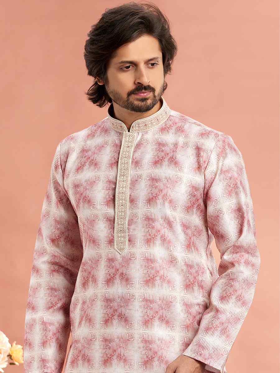 Dark Pink Cotton Printed Festival Casual Kurta