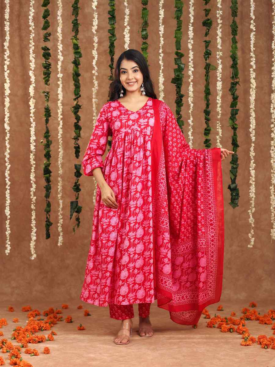 Dark Pink Cotton Printed Party Wedding Festival Casual Ready Anarkali Salwar Kameez