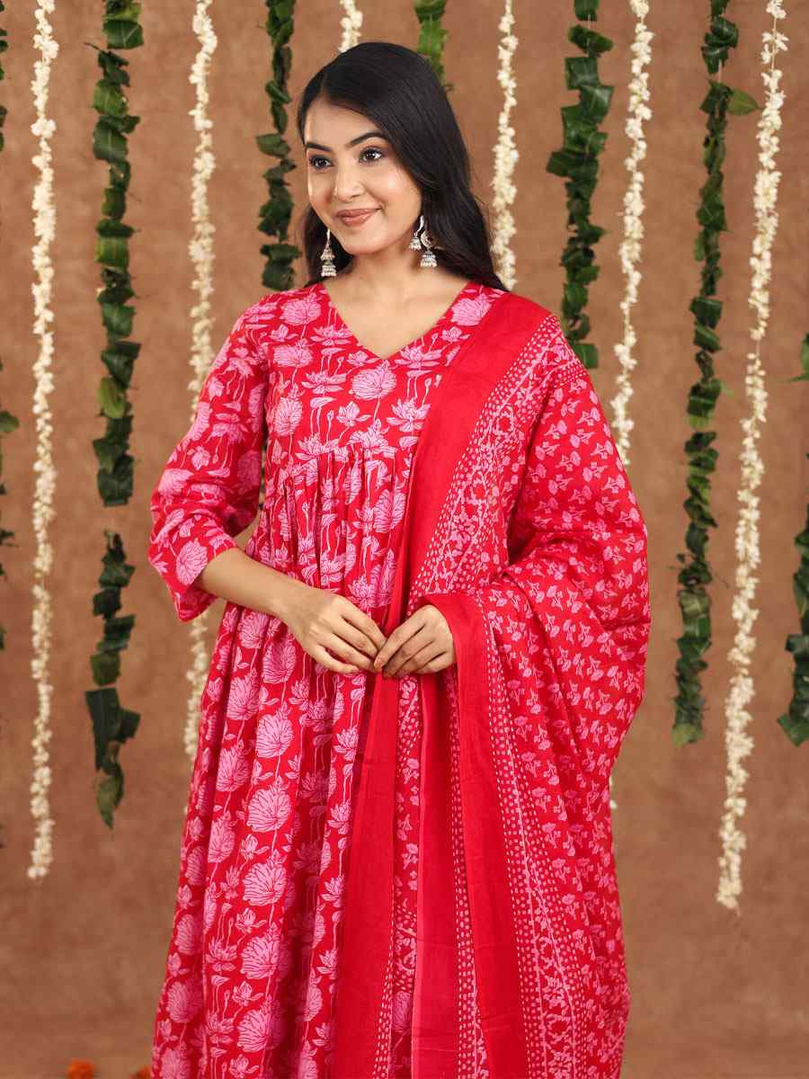 Dark Pink Cotton Printed Party Wedding Festival Casual Ready Anarkali Salwar Kameez