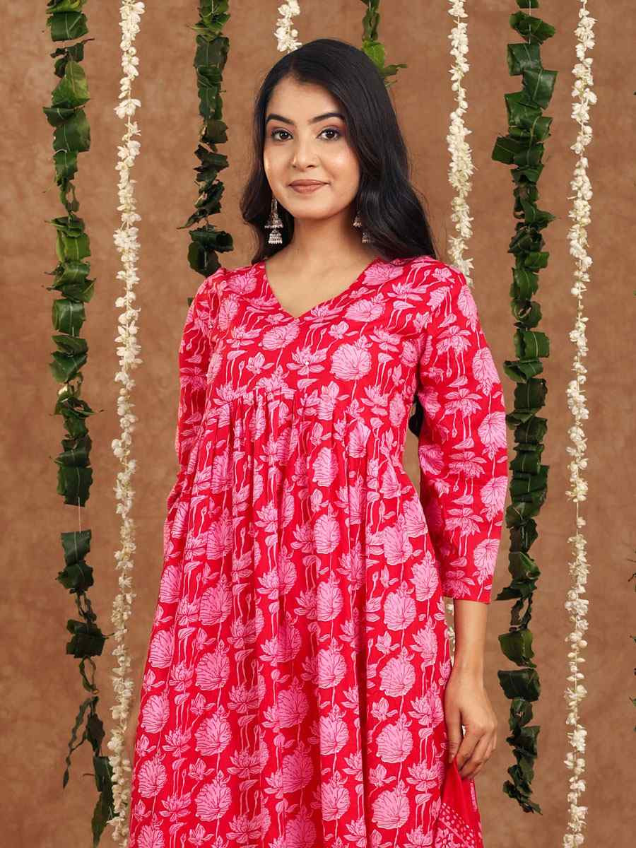 Dark Pink Cotton Printed Party Wedding Festival Casual Ready Anarkali Salwar Kameez