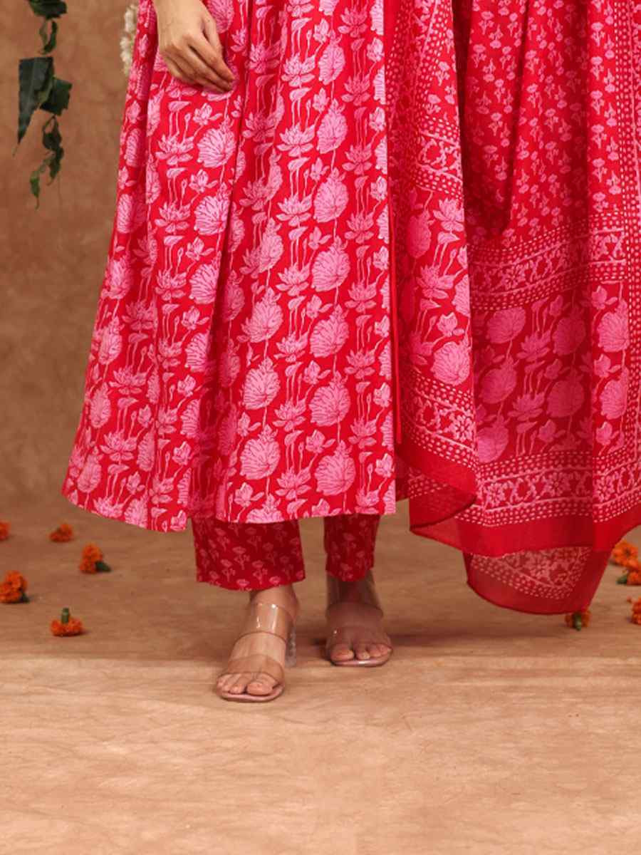 Dark Pink Cotton Printed Party Wedding Festival Casual Ready Anarkali Salwar Kameez