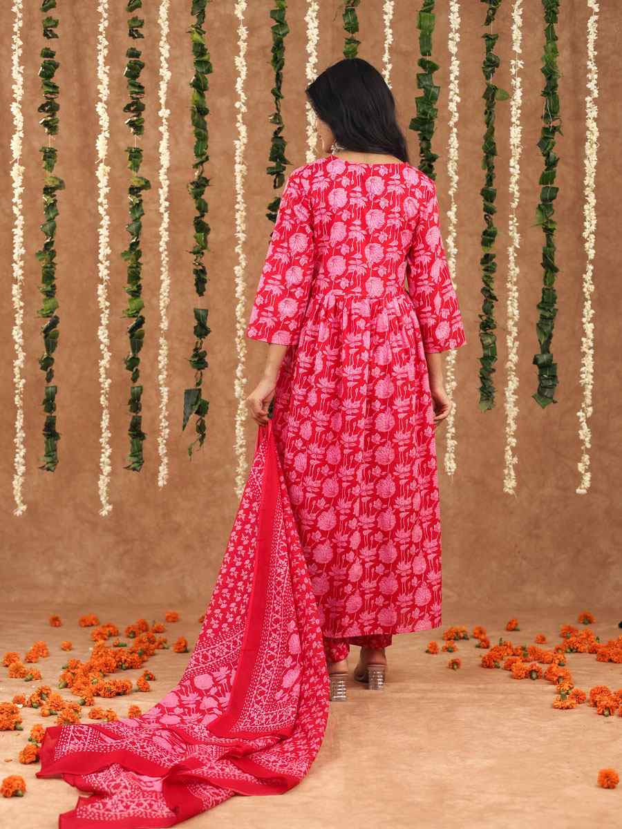 Dark Pink Cotton Printed Party Wedding Festival Casual Ready Anarkali Salwar Kameez