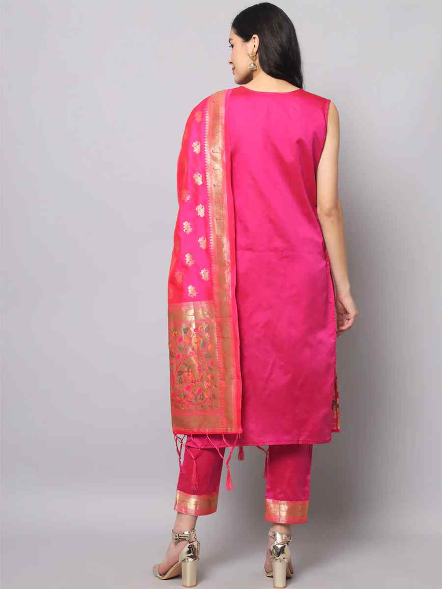 Dark Pink Cotton Silk Jacquard Handwoven Festival Mehendi Ready Pant Salwar Kameez