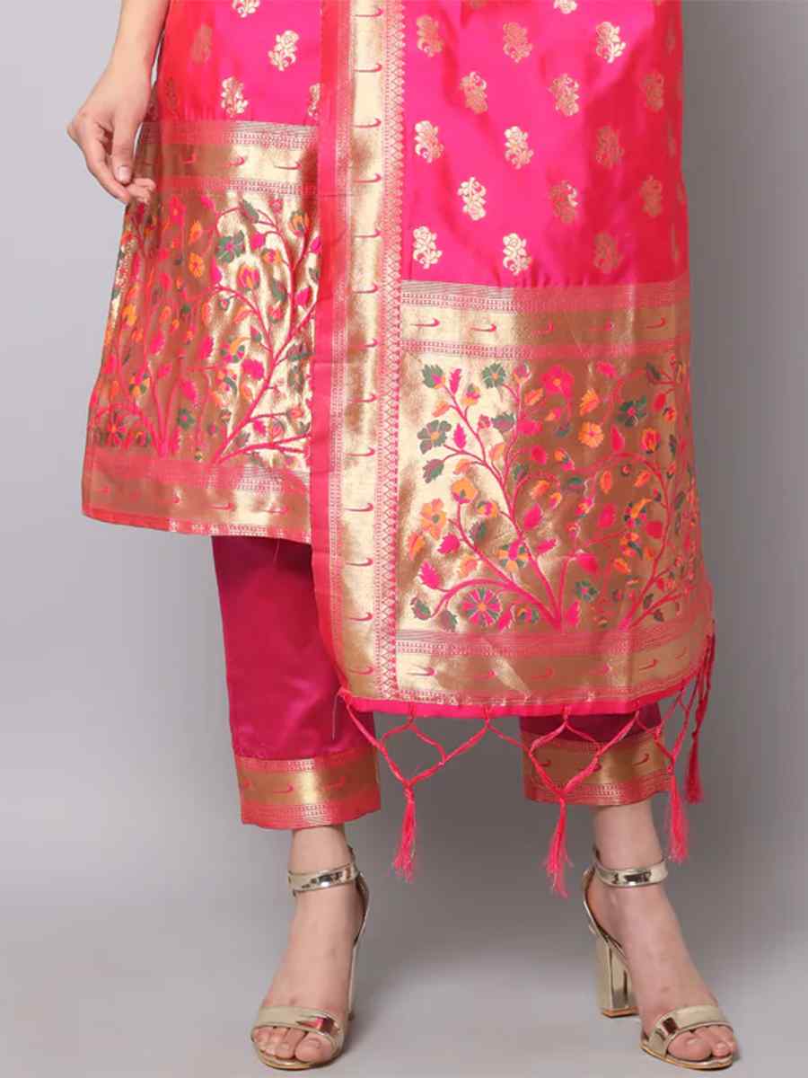 Dark Pink Cotton Silk Jacquard Handwoven Festival Mehendi Ready Pant Salwar Kameez