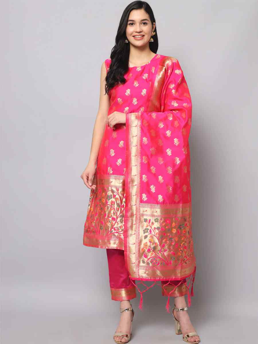 Dark Pink Cotton Silk Jacquard Handwoven Festival Mehendi Ready Pant Salwar Kameez