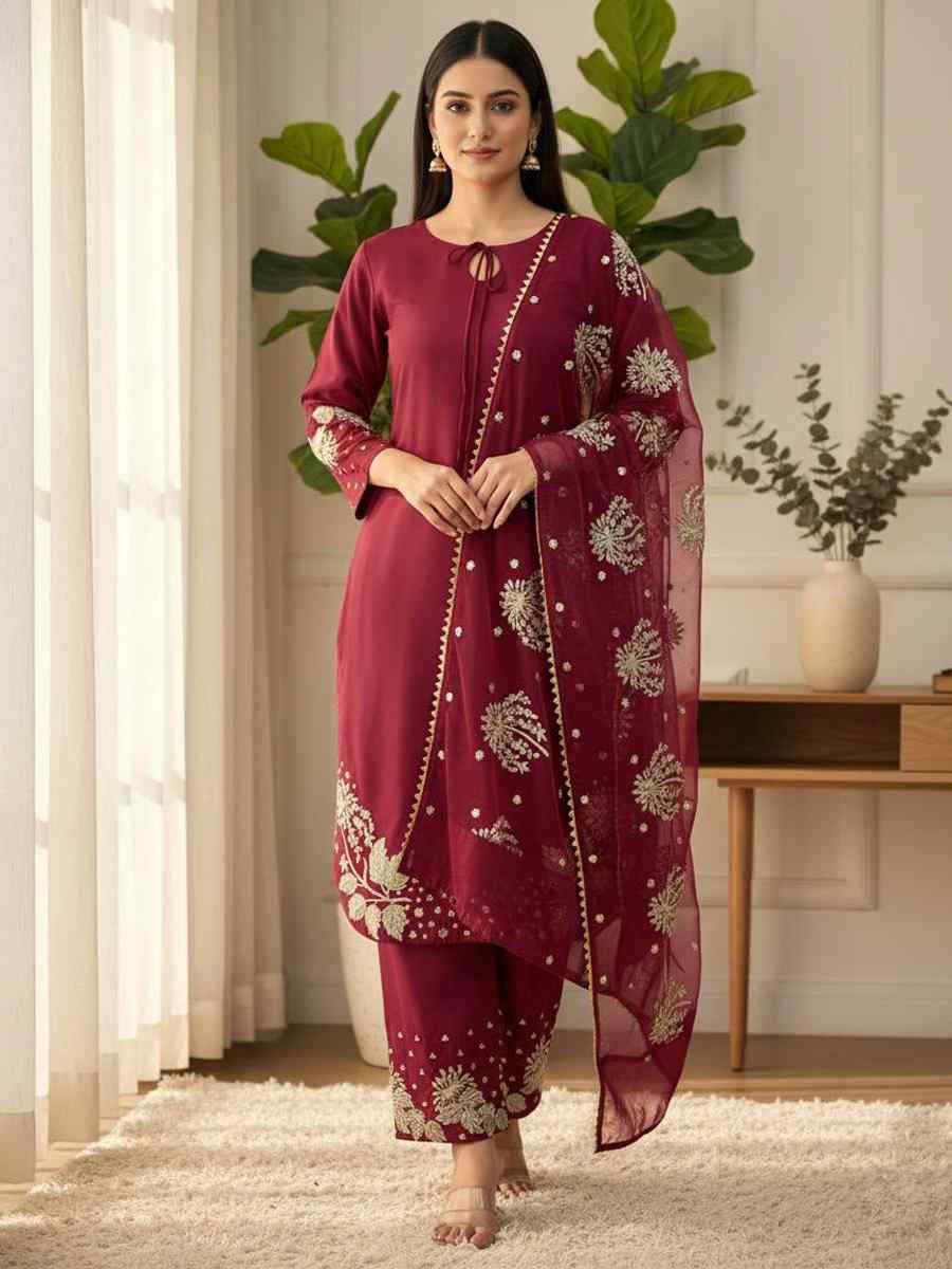 Dark Pink Crunchy Silk Plain with Embroidery Party Wedding Festival Casual Ready Pant Salwar Kameez