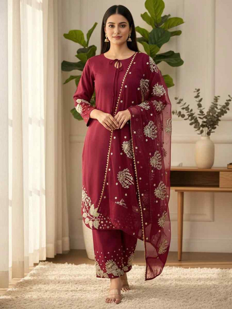 Image of Dark Pink Crunchy Silk Plain with Embroidery Party Wedding Festival Casual Ready Pant Salwar Kameez
