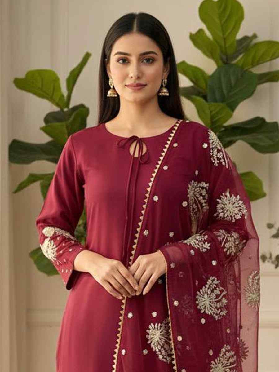 Dark Pink Crunchy Silk Plain with Embroidery Party Wedding Festival Casual Ready Pant Salwar Kameez