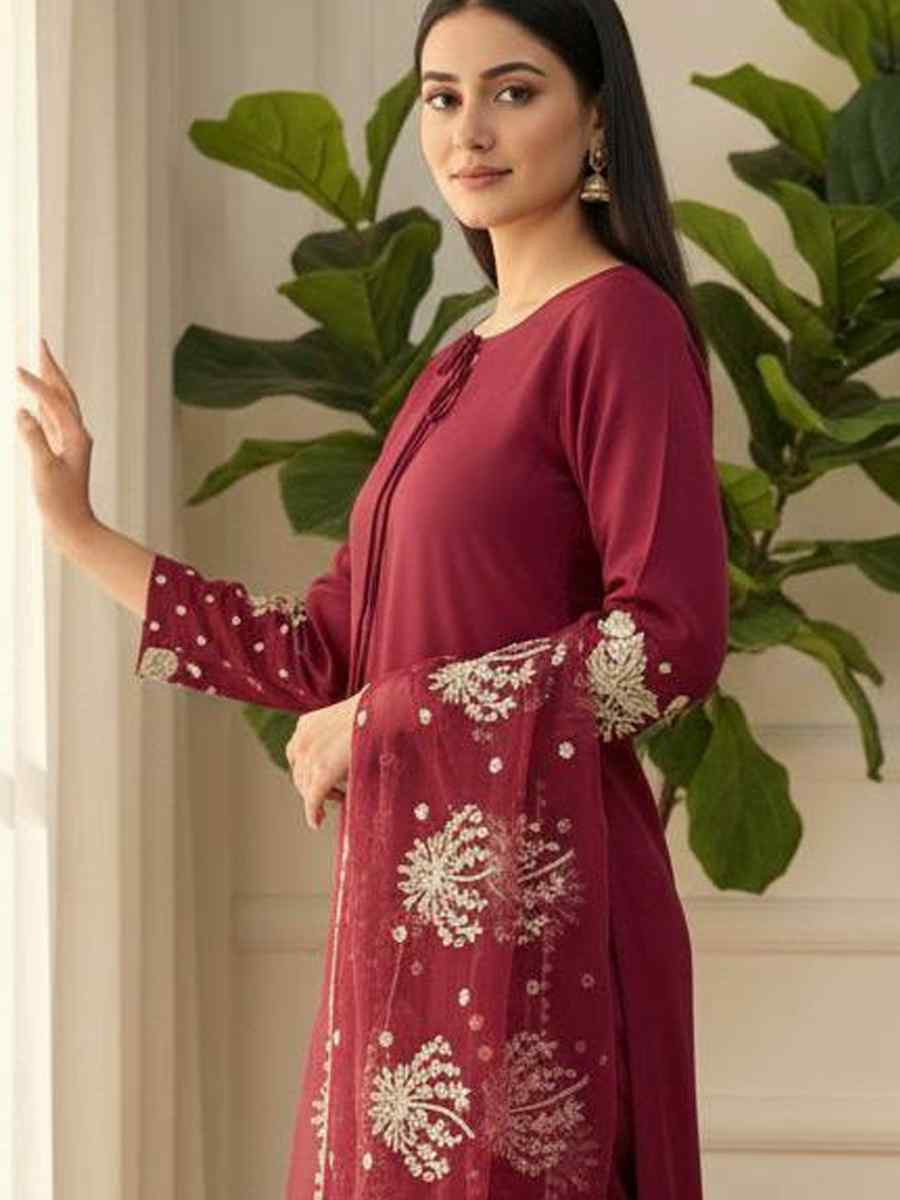 Dark Pink Crunchy Silk Plain with Embroidery Party Wedding Festival Casual Ready Pant Salwar Kameez