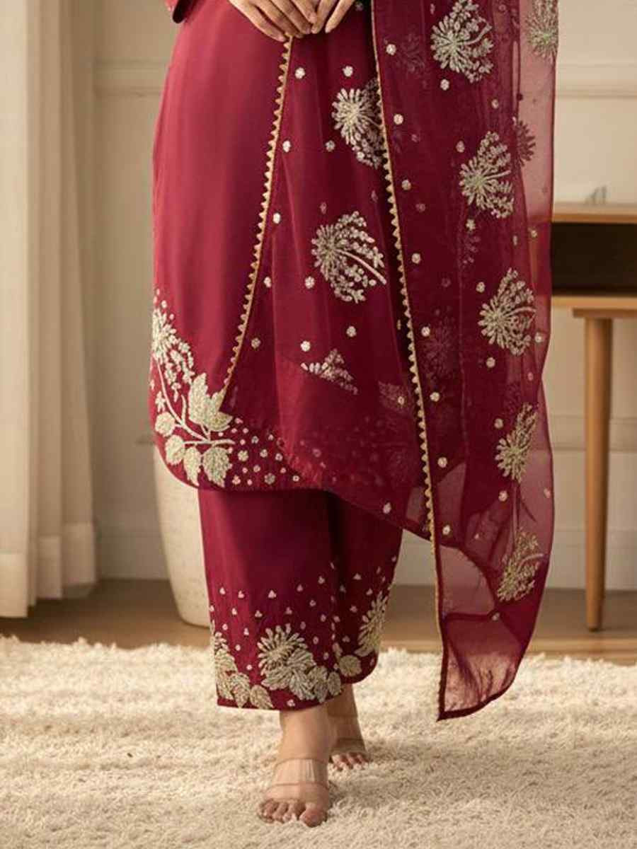 Dark Pink Crunchy Silk Plain with Embroidery Party Wedding Festival Casual Ready Pant Salwar Kameez