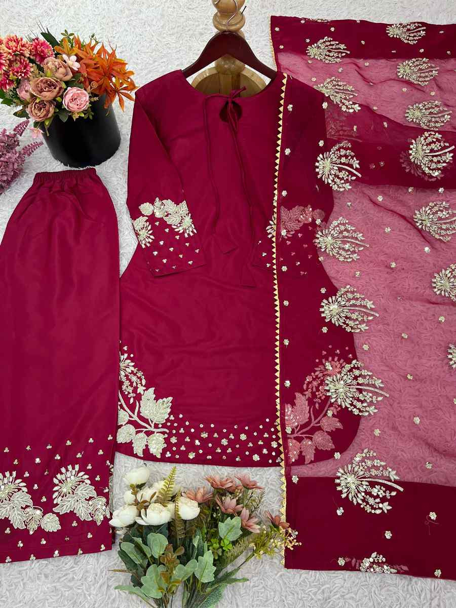 Dark Pink Crunchy Silk Plain with Embroidery Party Wedding Festival Casual Ready Pant Salwar Kameez