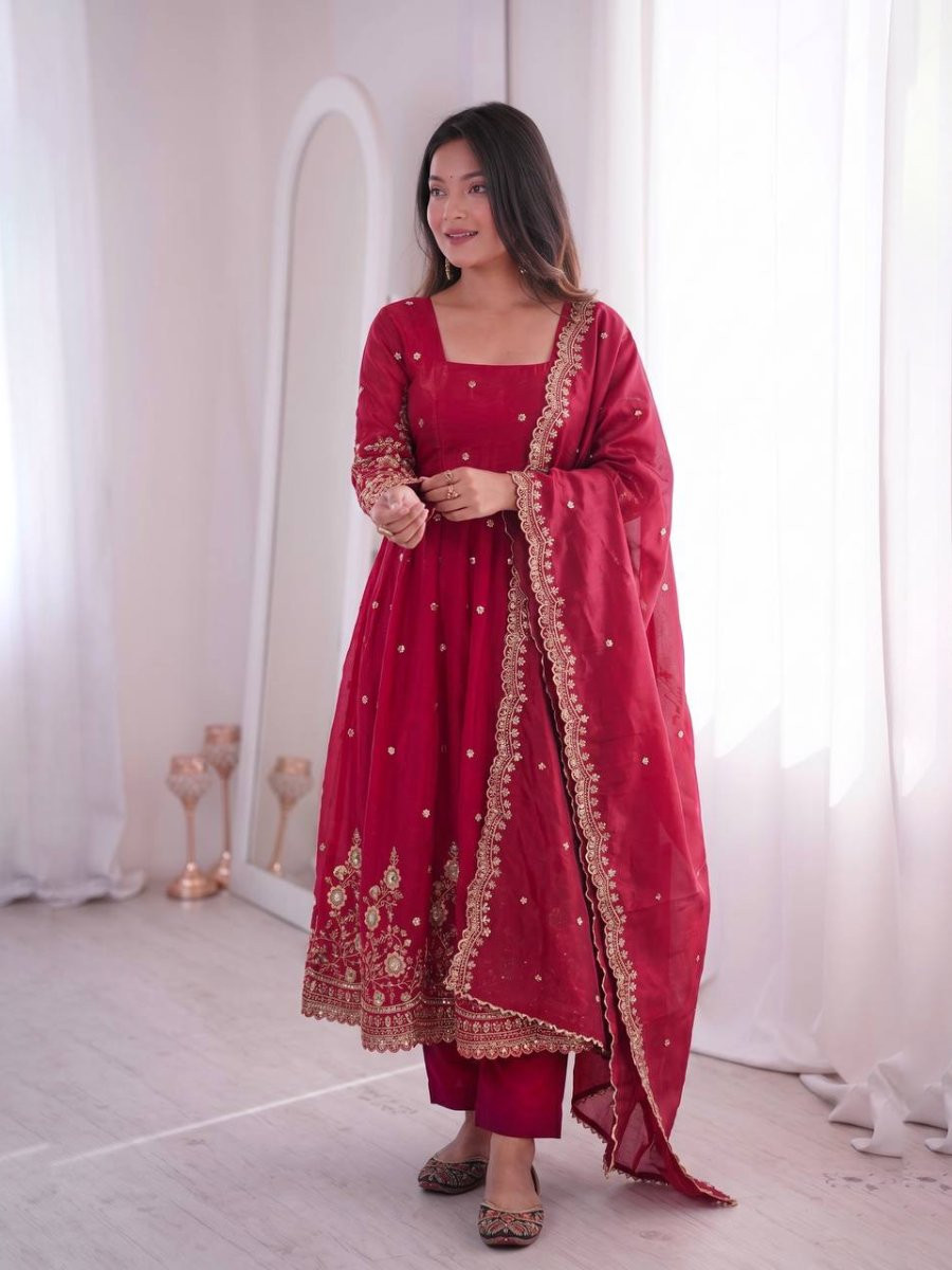 Dark Pink Fandy Silk Embroidery Sequins Zari Wedding Party Festival Casual Ready Anarkali Pant Salwar Kameez