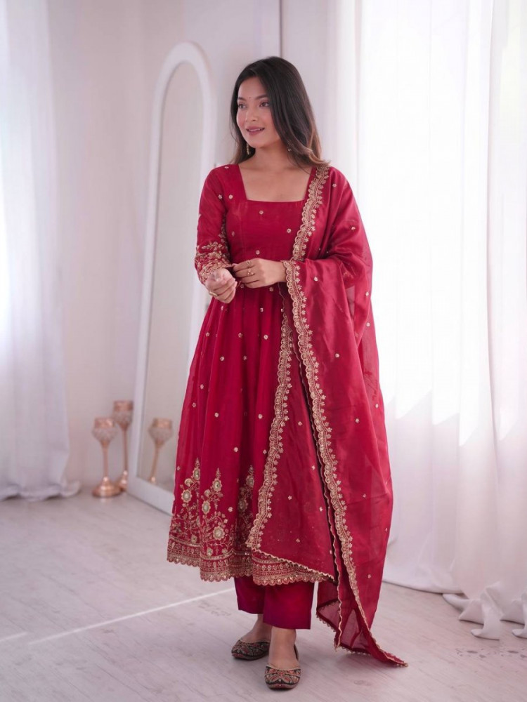 Image of Dark Pink Fandy Silk Embroidery Sequins Zari Wedding Party Festival Casual Ready Anarkali Pant Salwar Kameez