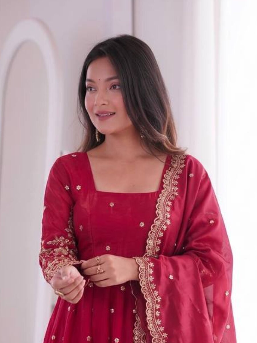 Dark Pink Fandy Silk Embroidery Sequins Zari Wedding Party Festival Casual Ready Anarkali Pant Salwar Kameez