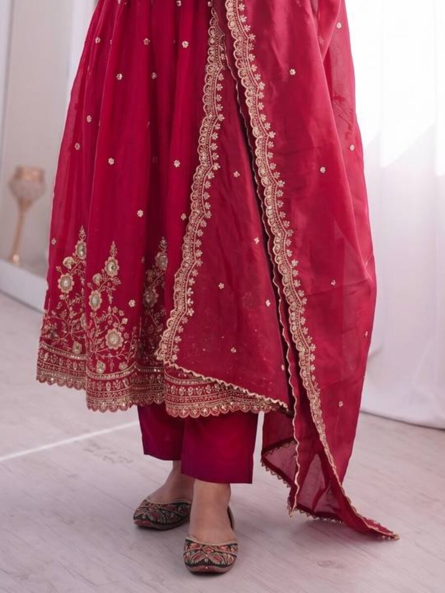 Dark Pink Fandy Silk Embroidery Sequins Zari Wedding Party Festival Casual Ready Anarkali Pant Salwar Kameez