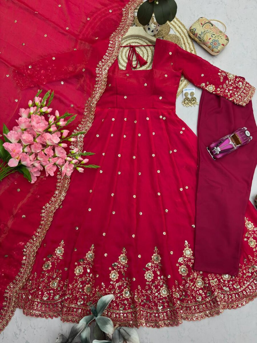 Dark Pink Fandy Silk Embroidery Sequins Zari Wedding Party Festival Casual Ready Anarkali Pant Salwar Kameez