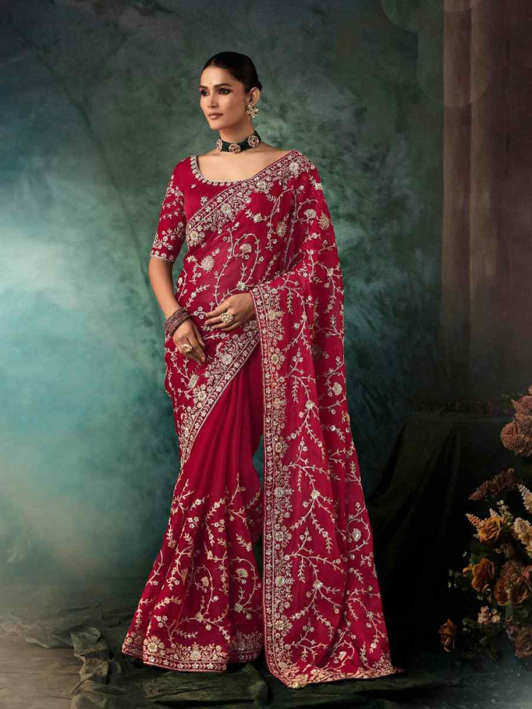 Image of Dark Pink Georgette Embroidery Bridal Reception Festival Wedding Fancy Heavy Border Saree