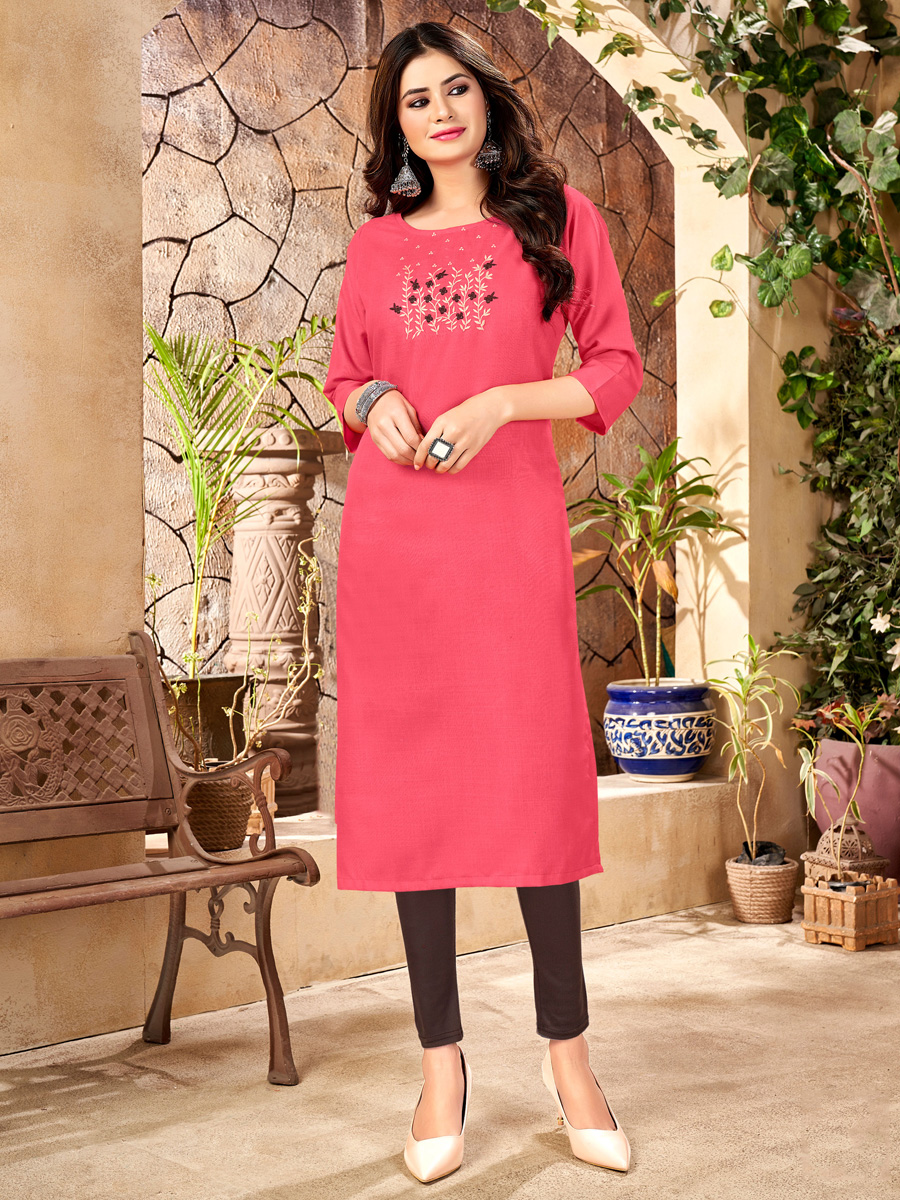 Dark Pink Handloom Slub Cotton Embroidered Party Kurti