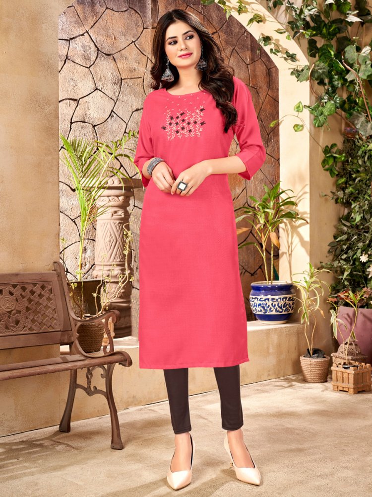 Dark Pink Handloom Slub Cotton Embroidered Party Kurti