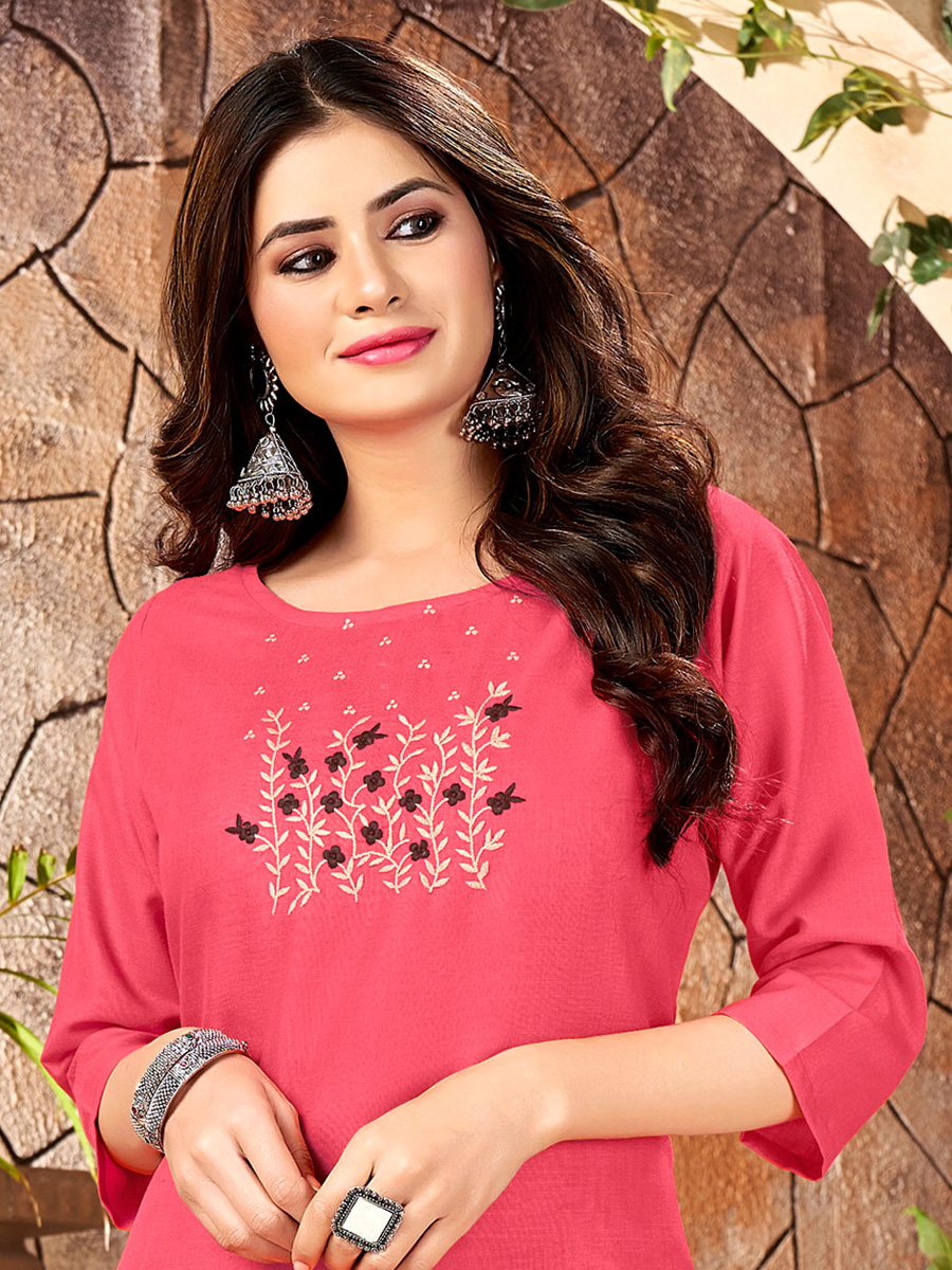 Dark Pink Handloom Slub Cotton Embroidered Party Kurti