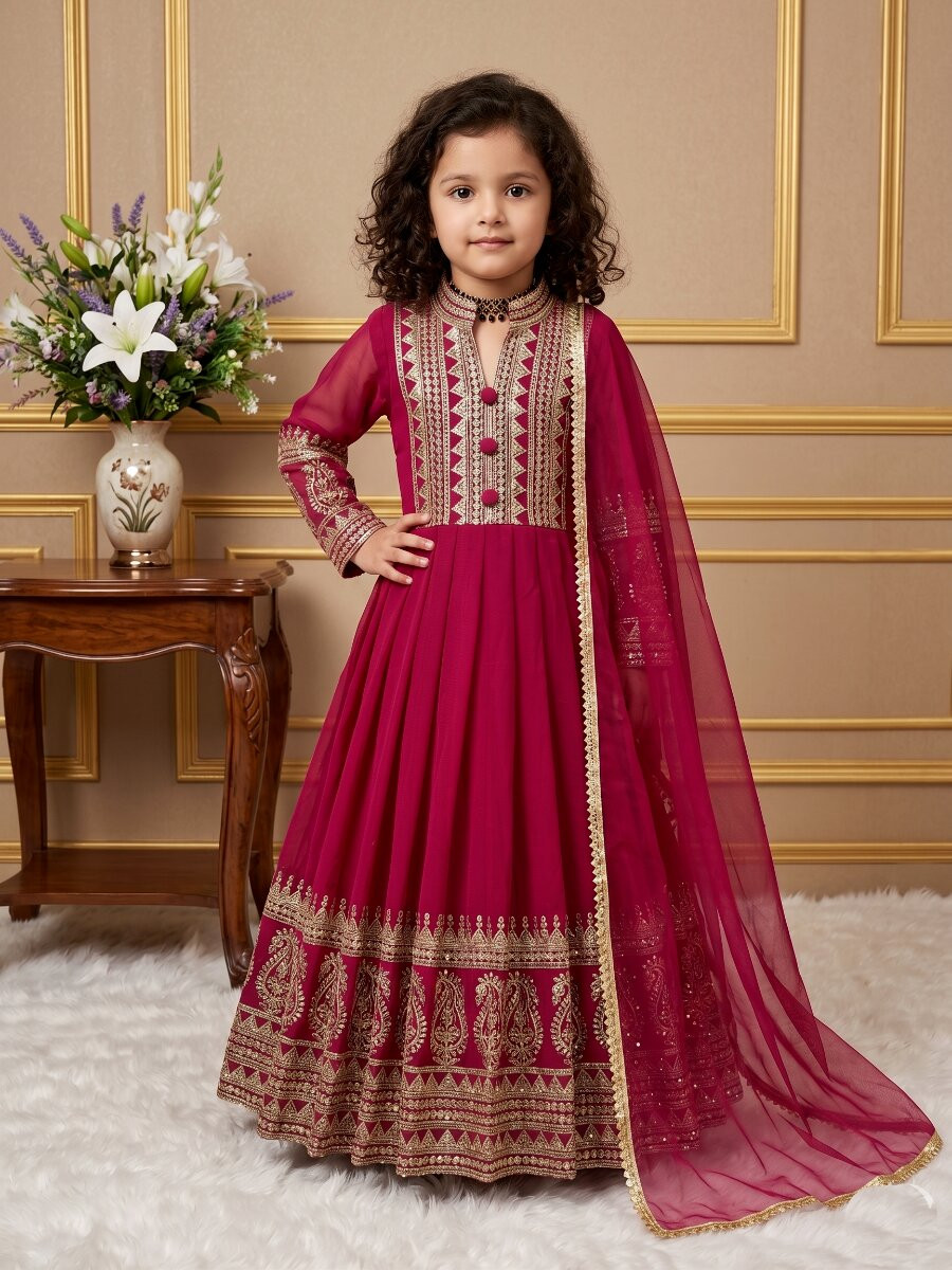 Dark Pink Heavy Fox Georgette Embroidered Sequins Ethnic Casual Festival Party Wedding Gown