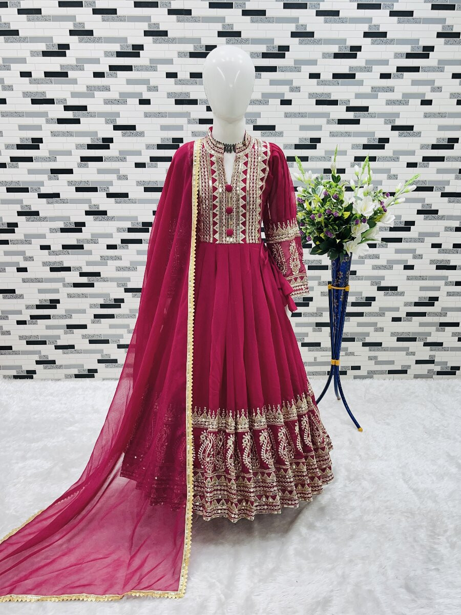 Dark Pink Heavy Fox Georgette Embroidered Sequins Ethnic Casual Festival Party Wedding Gown