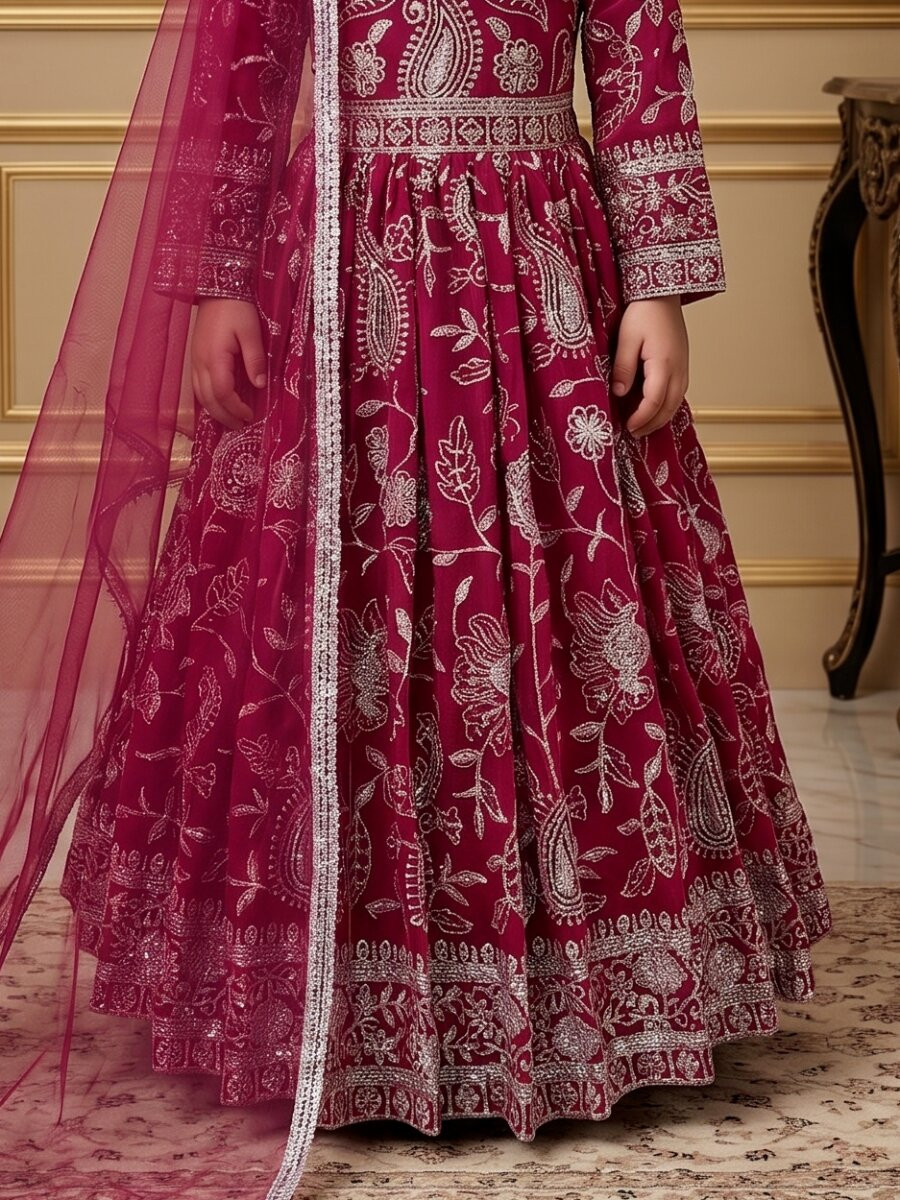 Dark Pink Heavy Fox Georgette Embroidered Sequins Ethnic Casual Festival Party Wedding Gown