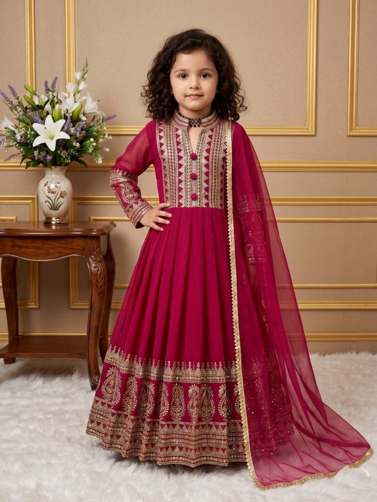 Image of Dark Pink Heavy Fox Georgette Embroidered Sequins Ethnic Casual Festival Party Wedding Gown