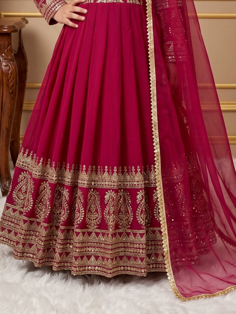 Dark Pink Heavy Fox Georgette Embroidered Sequins Ethnic Casual Festival Party Wedding Gown