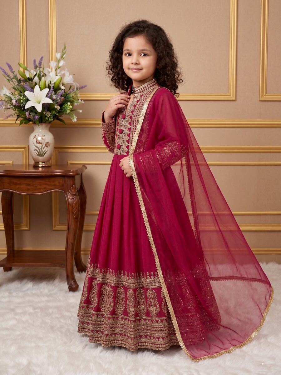 Dark Pink Heavy Fox Georgette Embroidered Sequins Ethnic Casual Festival Party Wedding Gown