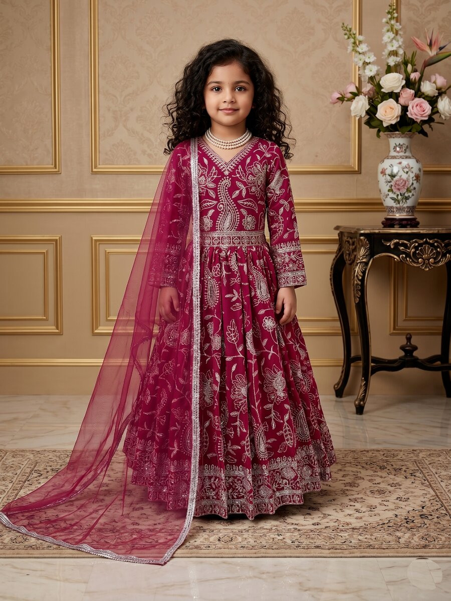 Dark Pink Heavy Fox Georgette Embroidered Sequins Ethnic Casual Festival Party Wedding Gown