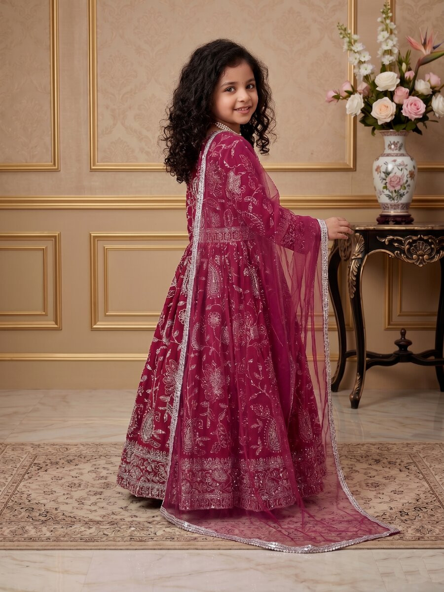 Dark Pink Heavy Fox Georgette Embroidered Sequins Ethnic Casual Festival Party Wedding Gown